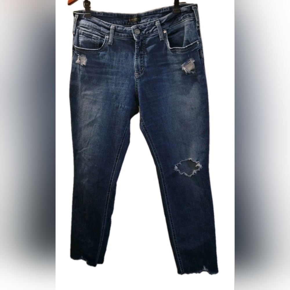Silver Jeans W33 L29 Whisker Denim Distress Boyfriend Blue Jeans Western Glove